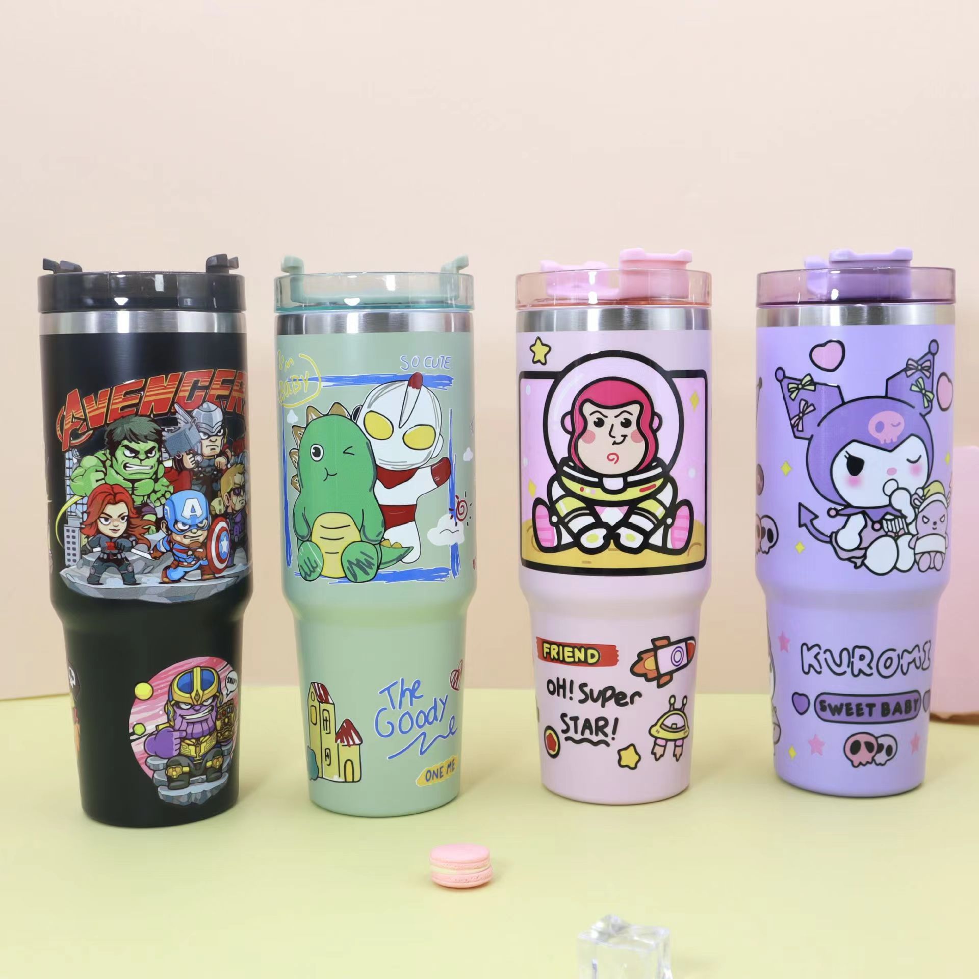 Foreign Trade 30Oz Cup Cartoon Pattern 304 Stainless Steel Large Ice Cup Thermos Cup Printed Logo Cup with Straw