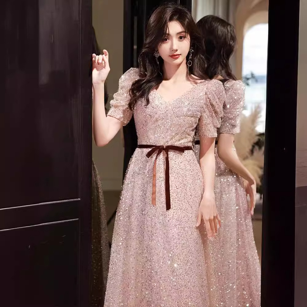 法式亮片晚礼服裙女高级感轻奢小众主持人回门宴会新娘敬酒服婚礼