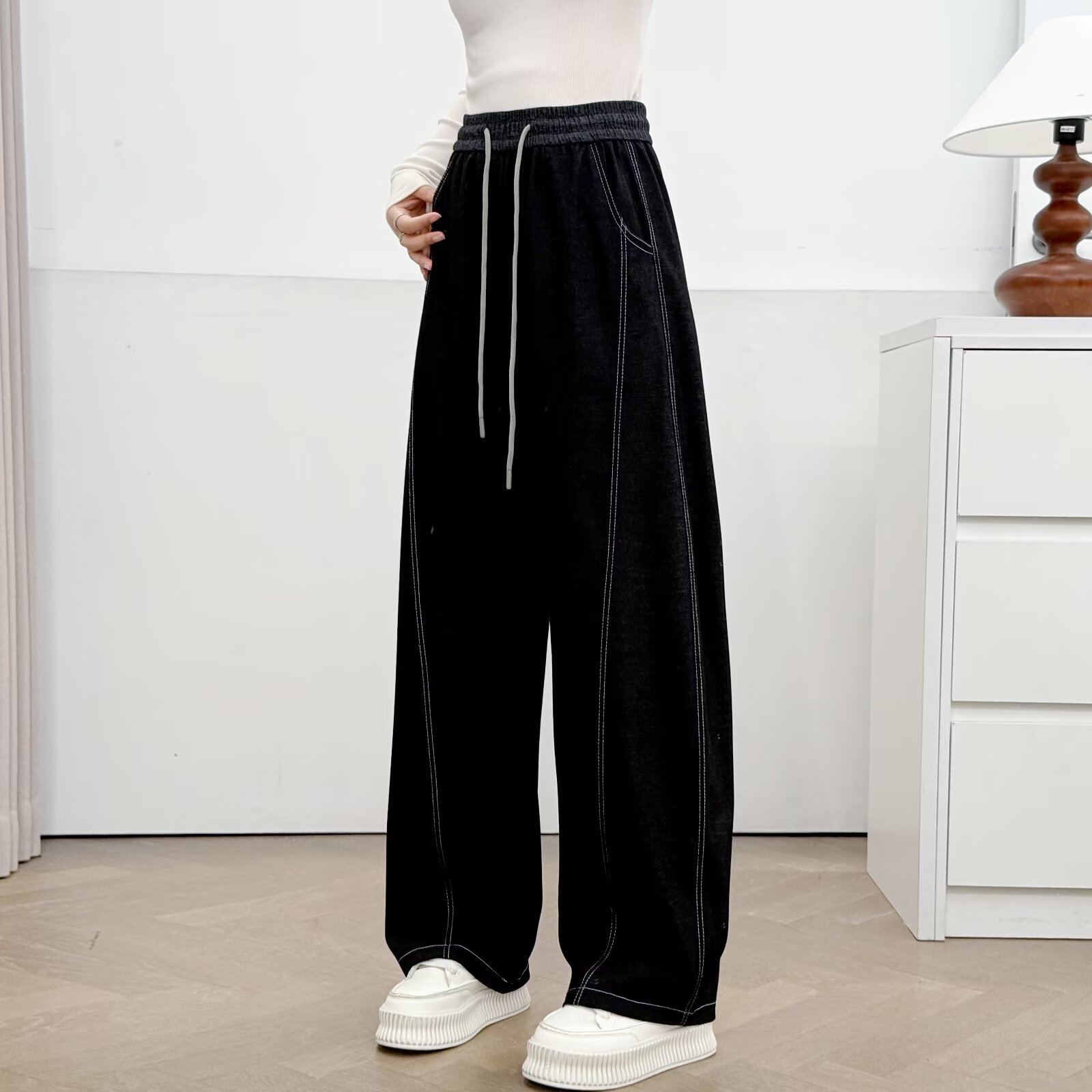 工厂直发复古高腰阔腿牛仔裤大码女装休闲百搭宽松垂感弯刀裤长裤