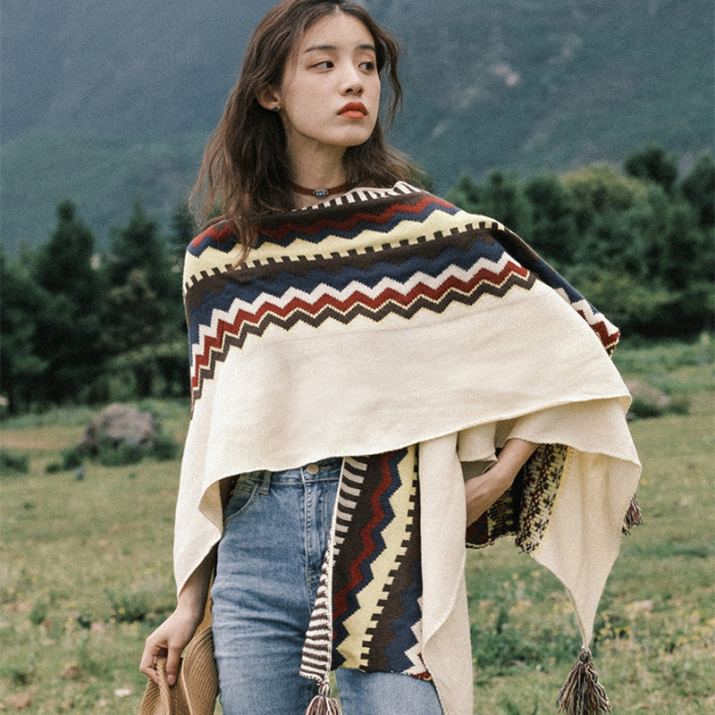 Bohemian Style Tassel Cloak Knitted Warm Yunnan Northwest Shawl Xinjiang Travel Scarf Ethnic Style Cloak