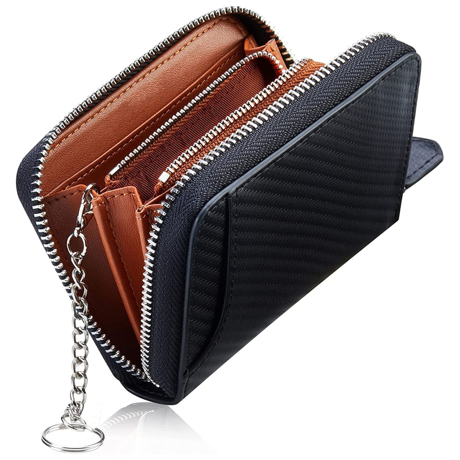 日本乐天碳纤维短款u型拉链零钱包 男女款通用带钥匙环卡位小钱袋