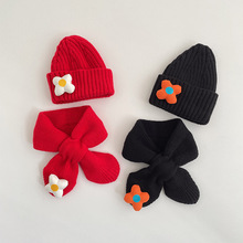 儿童帽子围巾套装宝宝可爱花朵秋冬毛线帽男女童保暖护耳帽针织帽
