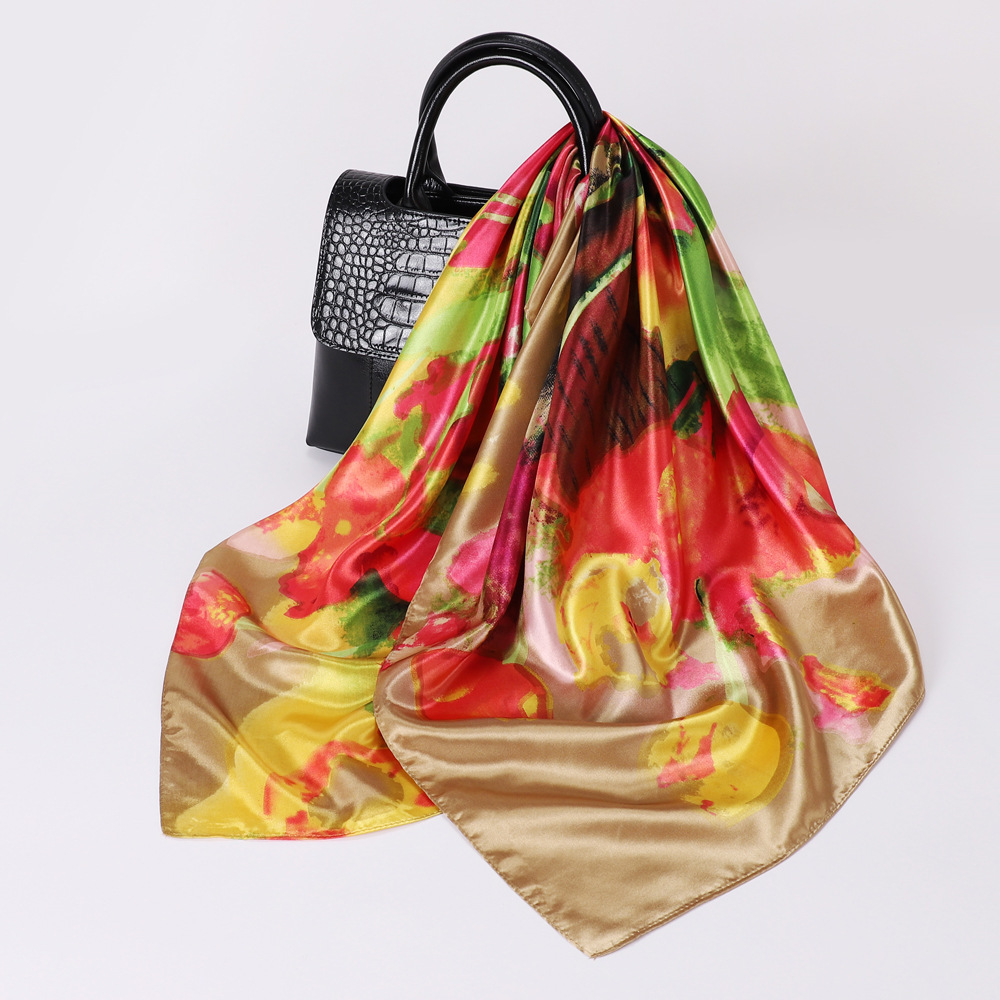 New Simple Fashion Plant Flower Scarf Emulation Silk Scarf Square Scarf Women's Bag Headscarf Scarf Travel Gift