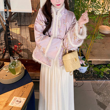 粉色新中式女装花棉袄冬款国风棉服小个子冬装上衣外套冬2023新款