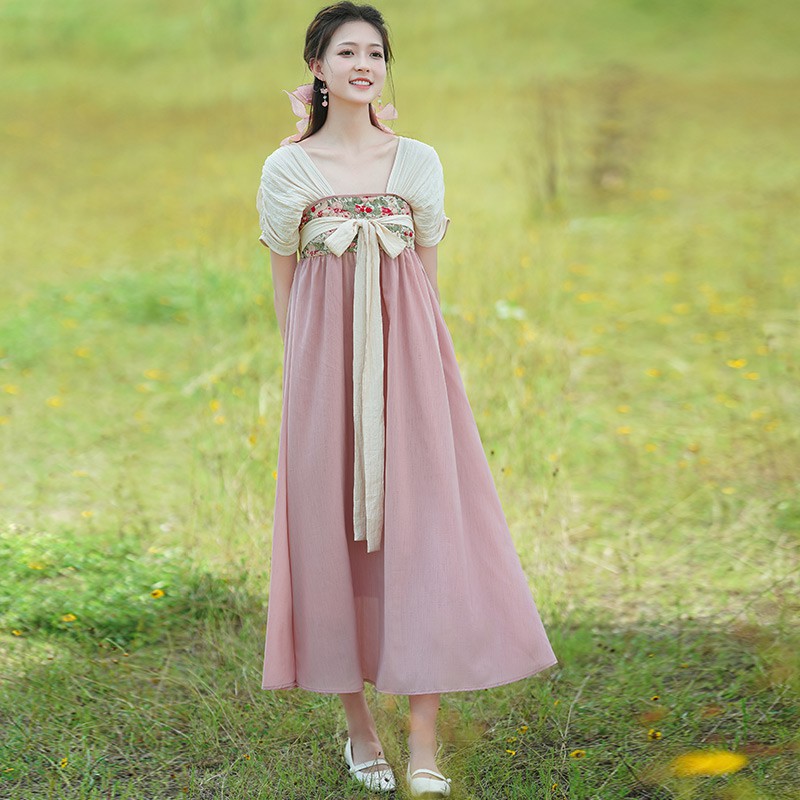 改良汉服国风素裙子女印花复古温柔日常仙女古风连衣裙夏