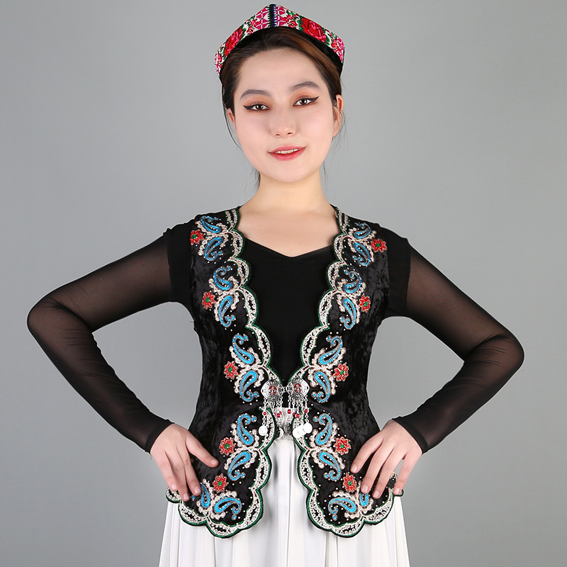 新疆舞蹈服民族马甲女广场舞金丝绒修身坎肩舞台演出维吾尔族马夹