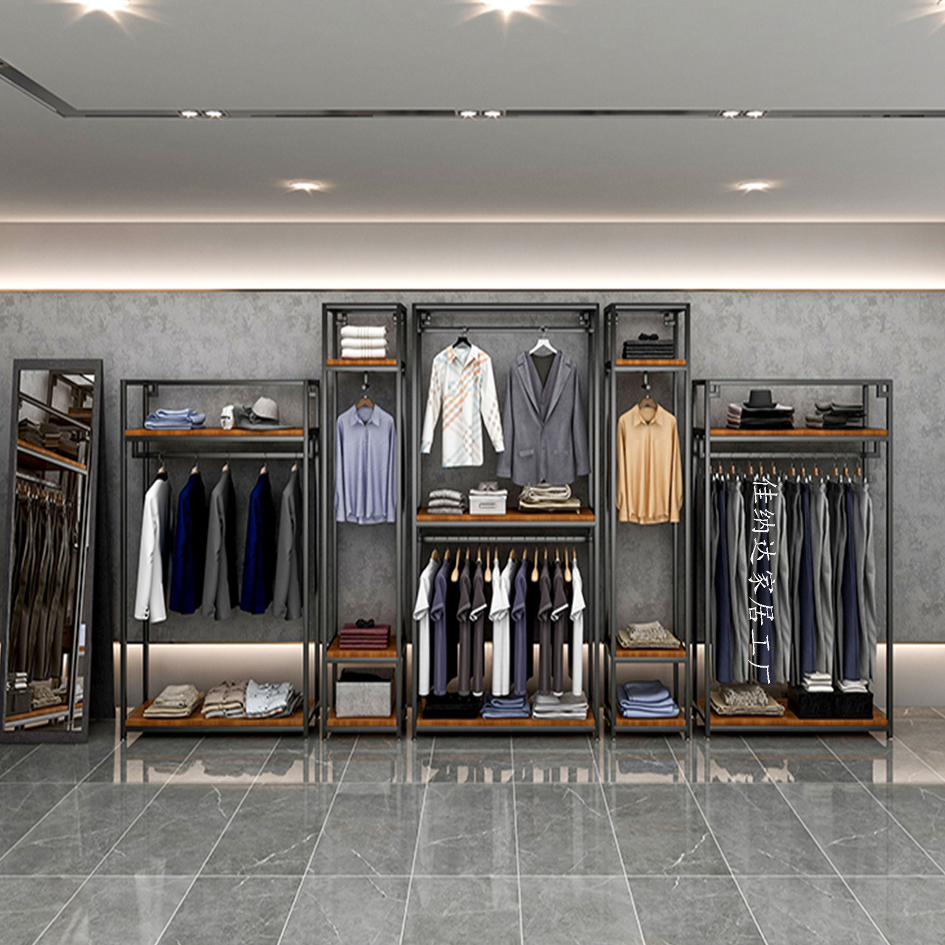 男装店挂衣架落地 中岛服装货架陈列架 服装店西装双层衣服展示架