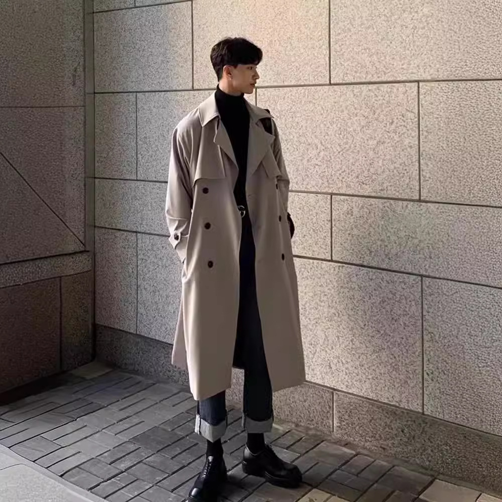 韩版风衣男中长款潮流宽松过膝英伦双排扣外套秋冬季加厚休闲大衣