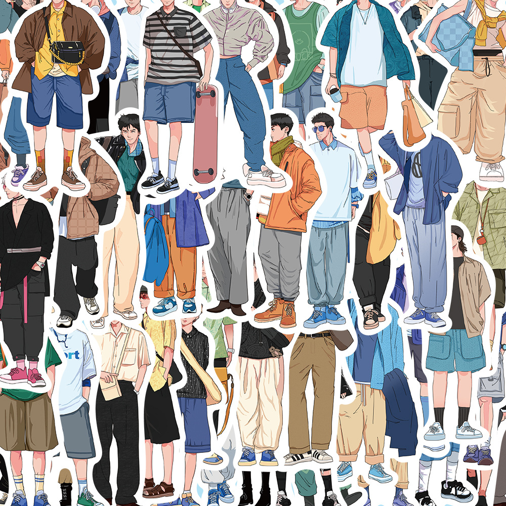 50张男友穿搭指南手帐贴纸卡通男生人物穿搭装饰手机贴画一件代发