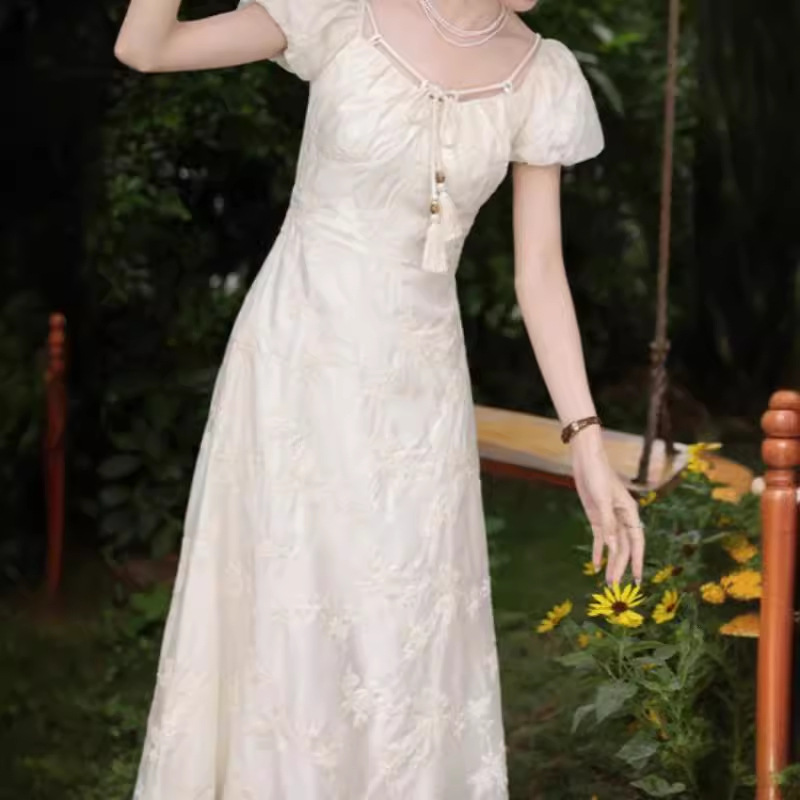 洛楠 「白玉映沙」短袖连衣裙2024新款女夏季气质显瘦法式长裙