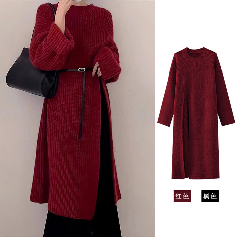 开叉圣诞节战袍红色针织连衣裙子秋冬装女2024新款龙年本命年衣服