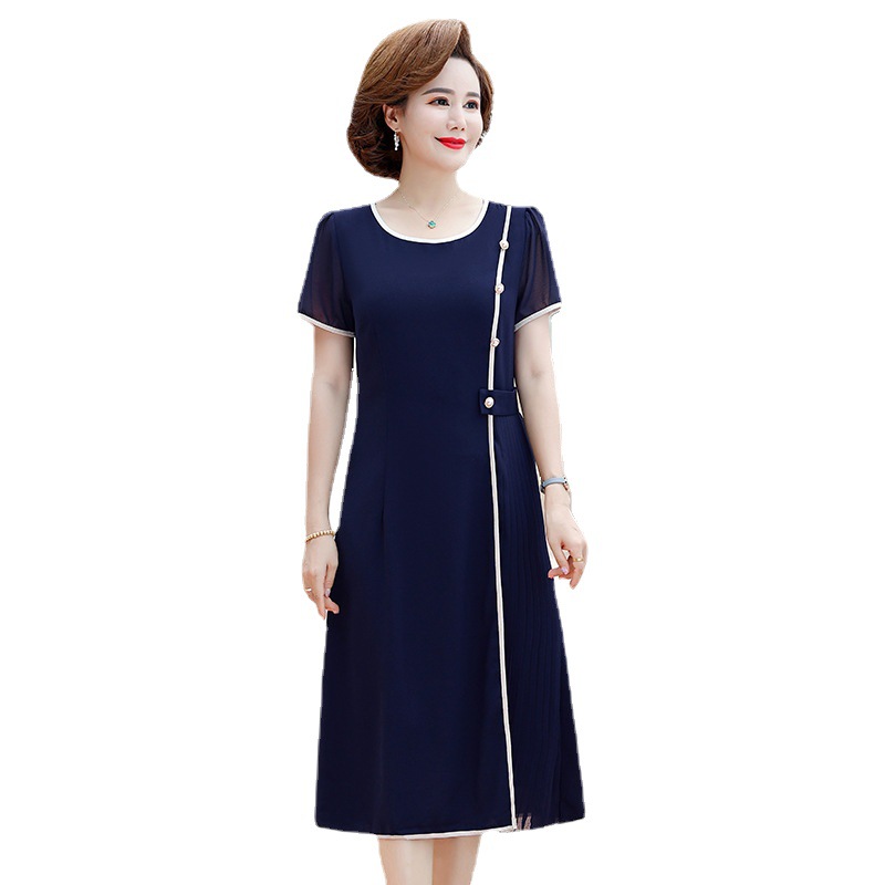 Summer Fashionable Dress for Moms Elegant Middle-Aged Women Fashionable New Middle-Aged and Elderly Summer Short Sleeve Chiffon Dress for Women