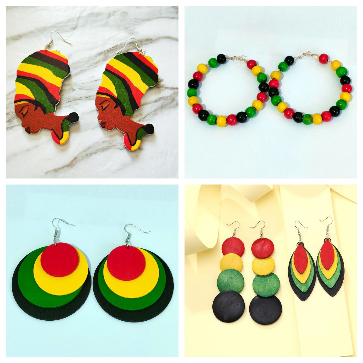 工厂热销个性黑人历史月非洲木制耳环多层多色耳坠红黄绿夸张耳饰