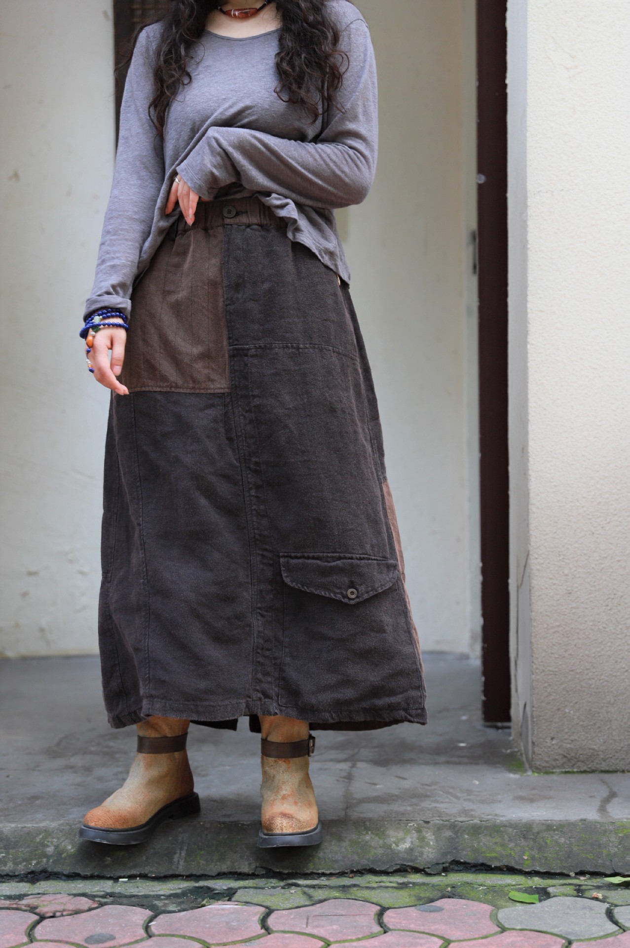 2021秋棉麻女装民族风百家布拼接半身裙秋季长裙