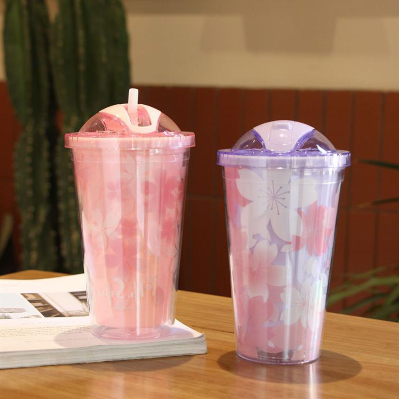 冰杯塑料水杯双层吸管随手杯女情侣杯创意礼品批发塑料杯子现货