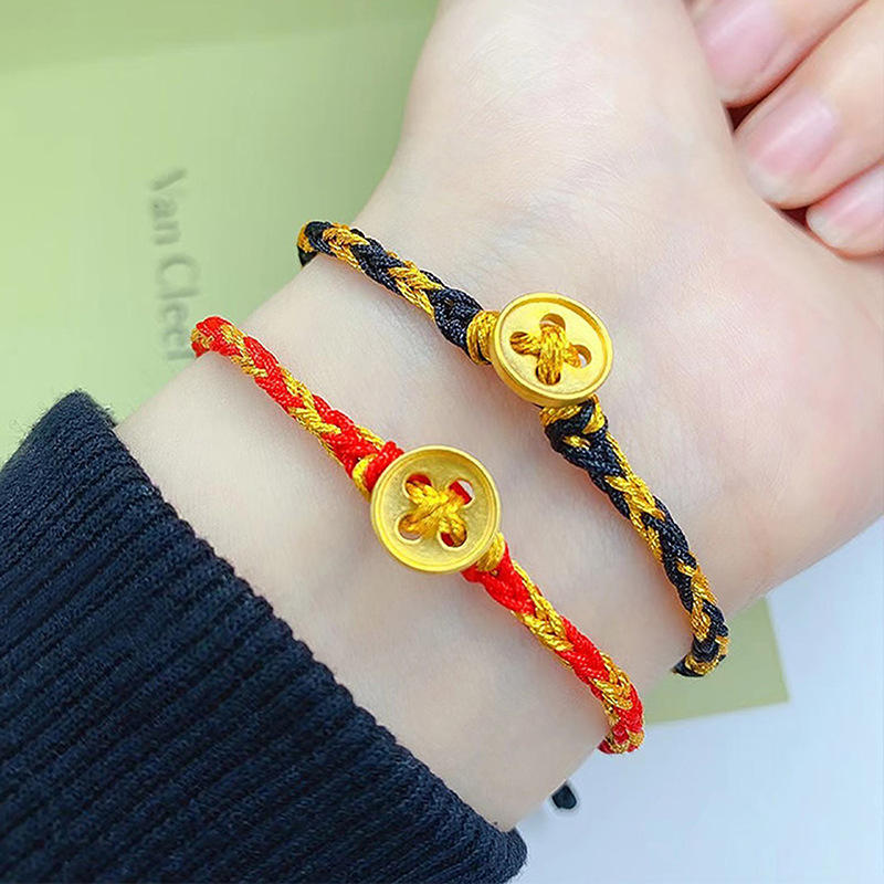 越南沙金铜镀金纽扣手链七夕情人节时尚简约黄金扣情侣款编织手绳