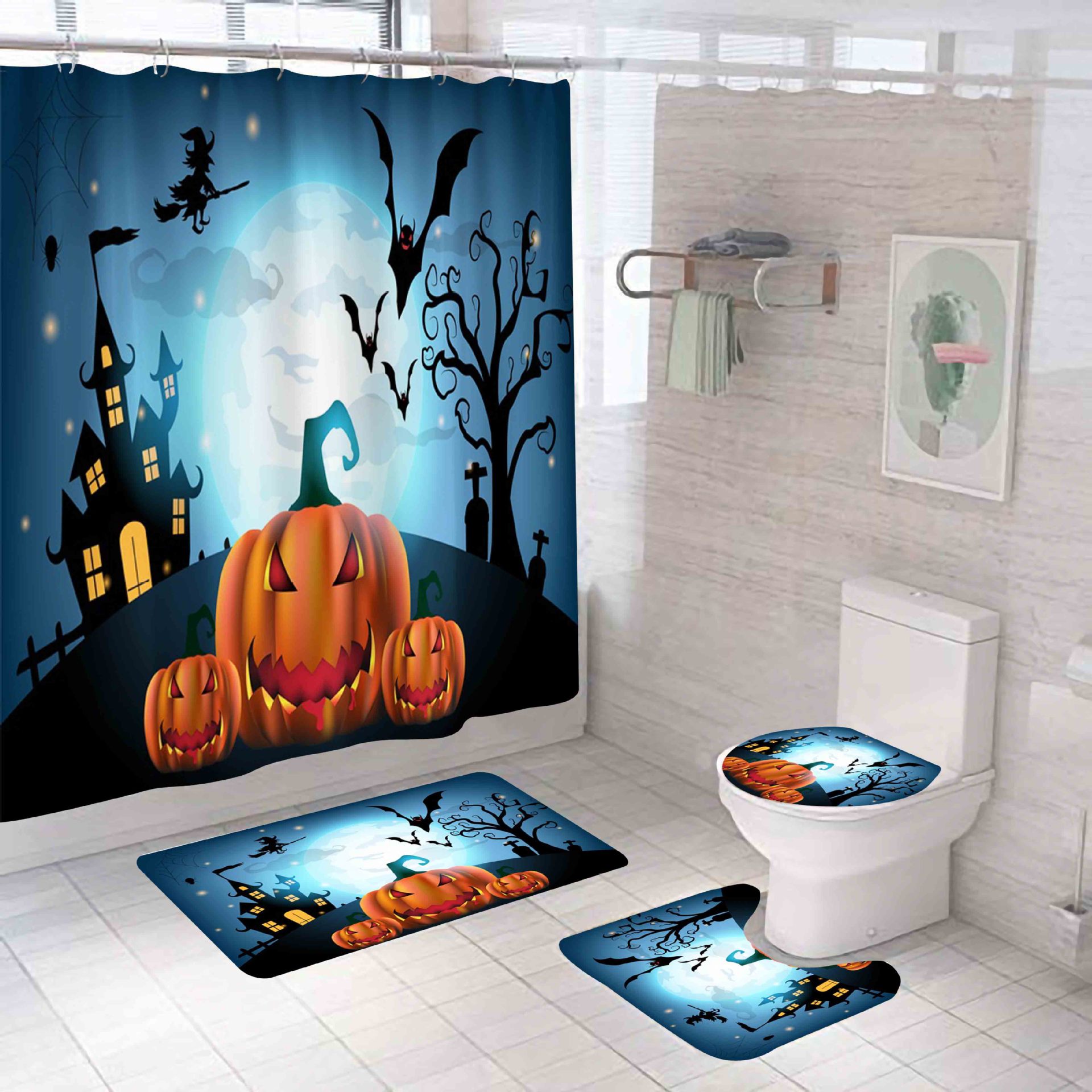 Amazon New Halloween Series Waterproof Polyester Shower Curtain Four-Piece Shower Curtain Sets