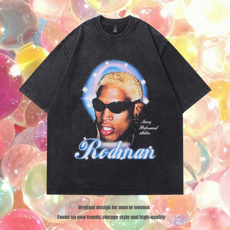 tkpa嘻哈复古罗德曼印花水洗做旧短袖t恤男女ins美式高街潮牌半袖