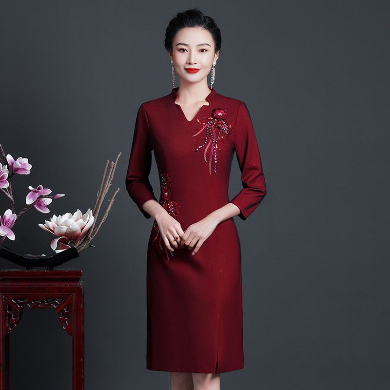 婚礼妈妈装旗袍连衣裙高贵小个子喜庆婆婆儿子结婚宴大码礼服洋气