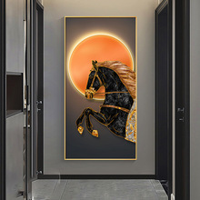 现代简约玄关装饰画马竖版大气简约挂画带灯高档客厅走廊过道墙画