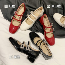 优雅水钻圆头羊漆皮玛丽珍单鞋女鞋2024春季新款韩版中跟小皮鞋女