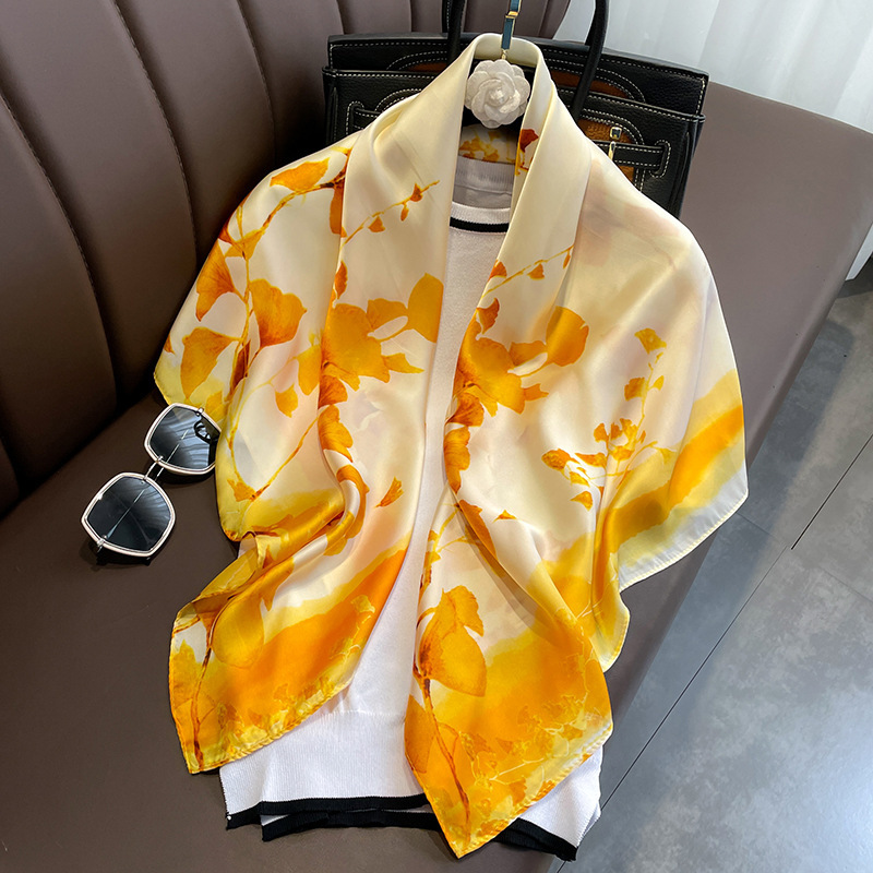 2024 European and American Classic Color Socialite Elegant Scarf Women's Trendy All-Match Emulation Silk Scarf Scarf 90 Square Scarf