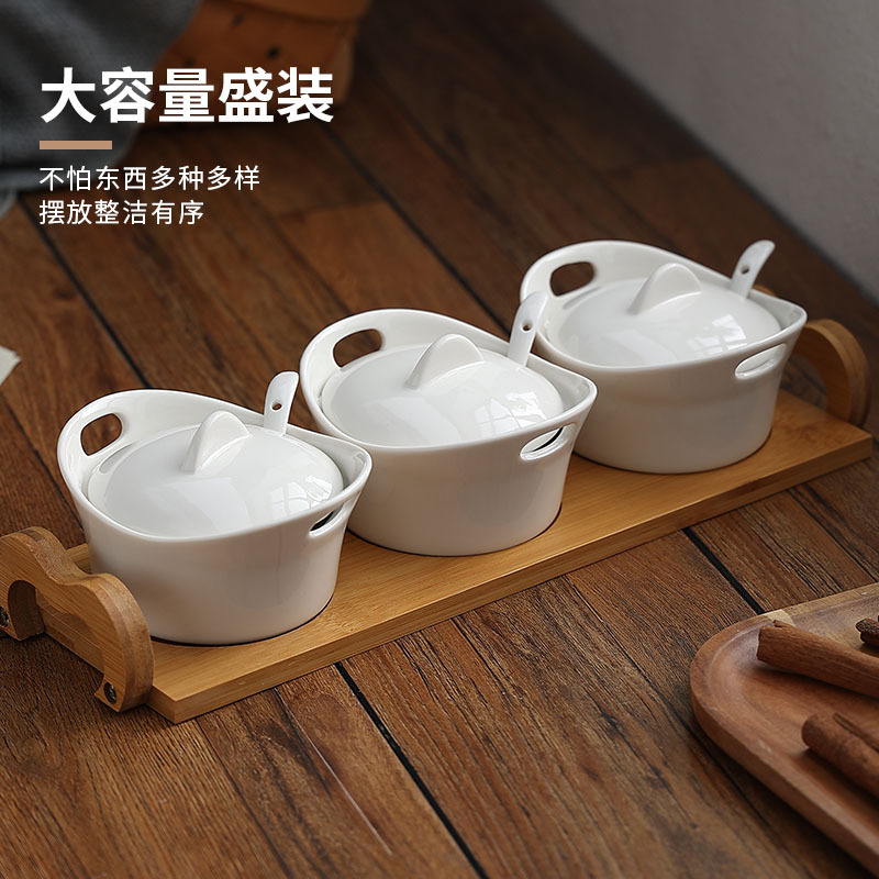 New Simple White Ceramic Wooden Bottom with Lid Seasoning Containers Dried Fruit Tea Household Restaurant Storage Bottle