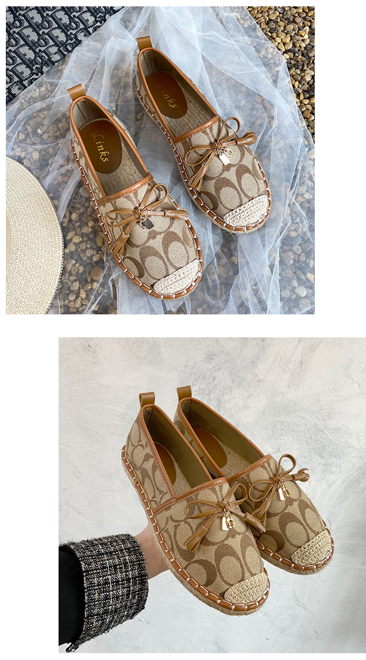 2021春新款老花平底帆布鞋女草编渔夫鞋舒适麻底单鞋