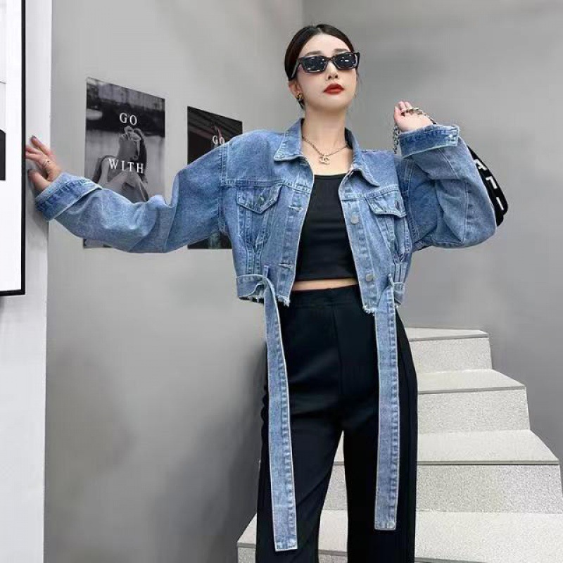 短款牛仔外套高腰宽松港风新款时尚绑带设计韩版女装显瘦百搭