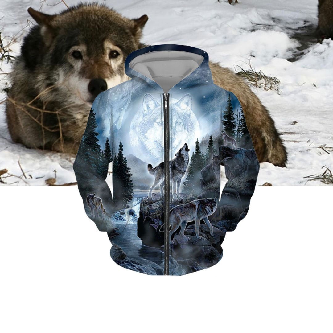 2023外贸春季新款男士3d狼印花拉链休闲连帽卫衣男款连帽衫外套男