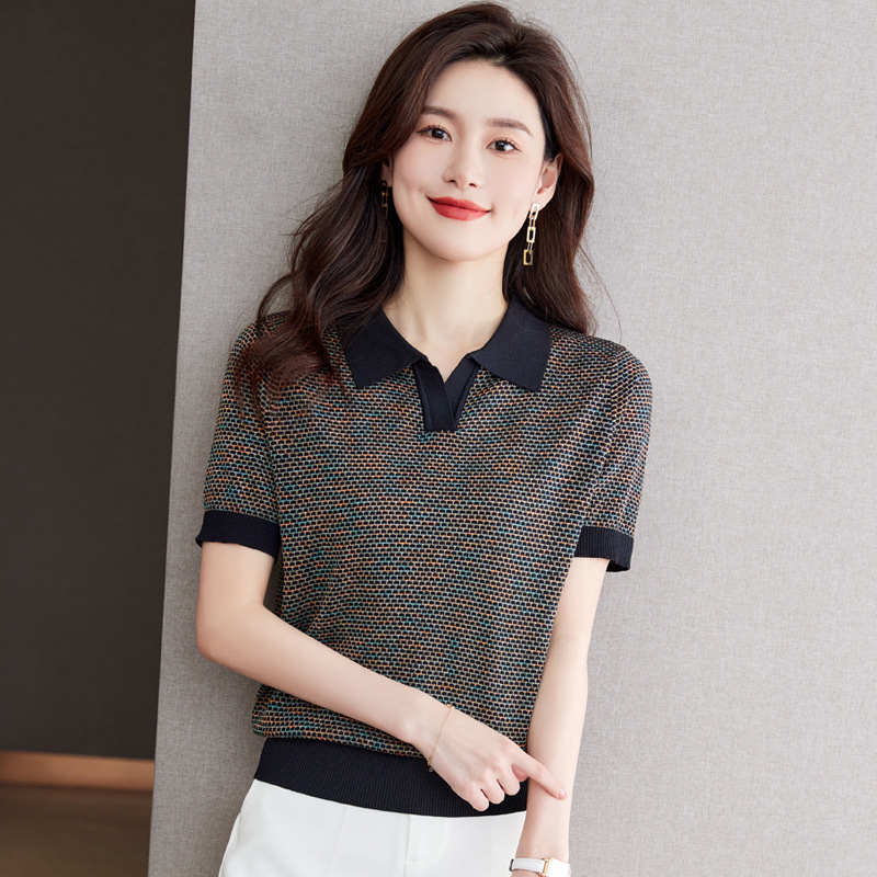 Middle-Aged Mom Ice Silk Sweater Short-Sleeved T-shirt with Collar Women's Summer Wear 2024 New Women's Clothing Polo Collar Top