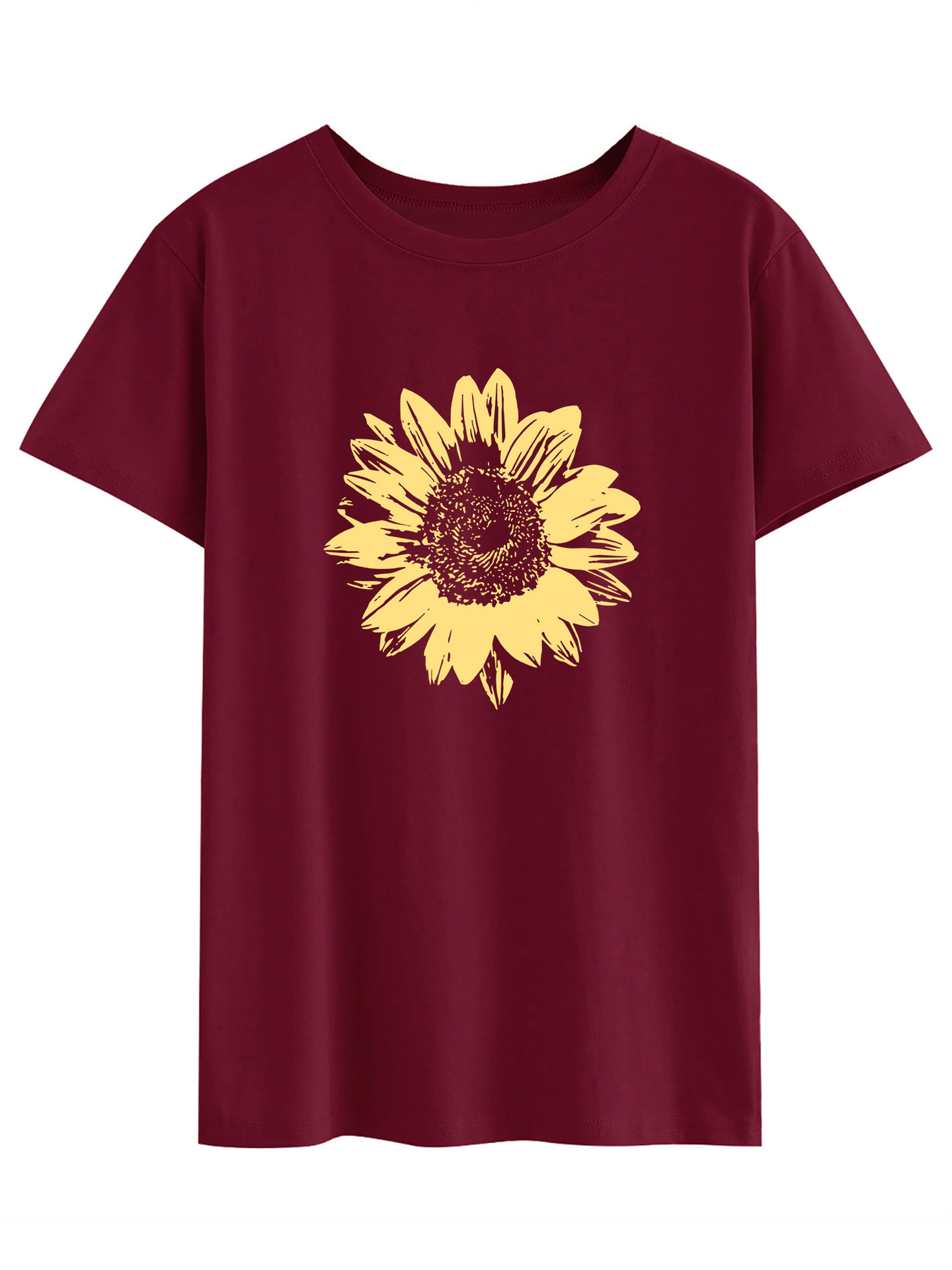 跨境外贸女上衣 亚马逊欧美黄色向日葵图案印花圆领短袖t恤