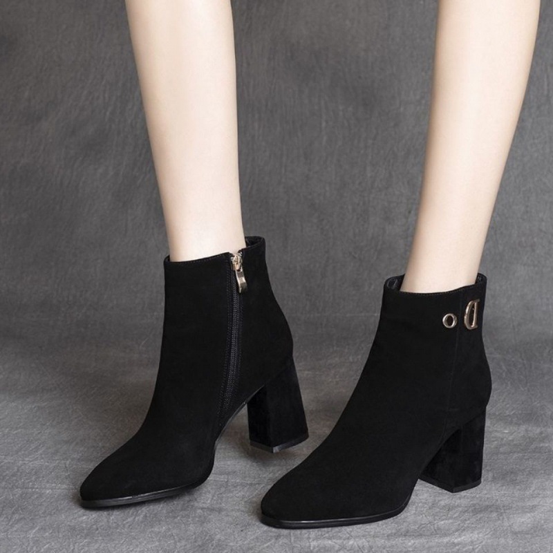 粗跟短靴女2022秋冬新款黑色女士加绒裸靴短筒百搭翻毛皮中跟单靴