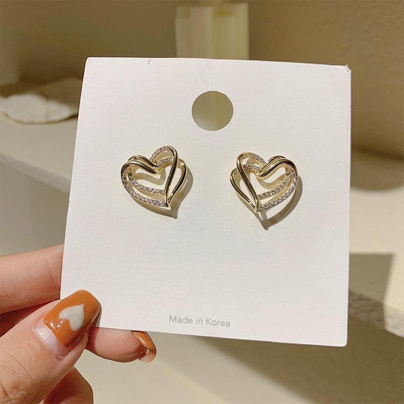 Sterling Silver Needle Earrings South Korea Exquisite Double Love Net Red Earrings Hollow Heart Sweet Earrings Ear Rings Female