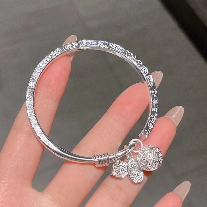 万足银9999吉言平安宫铃银手镯手工男女通用款实心网红爆款送礼