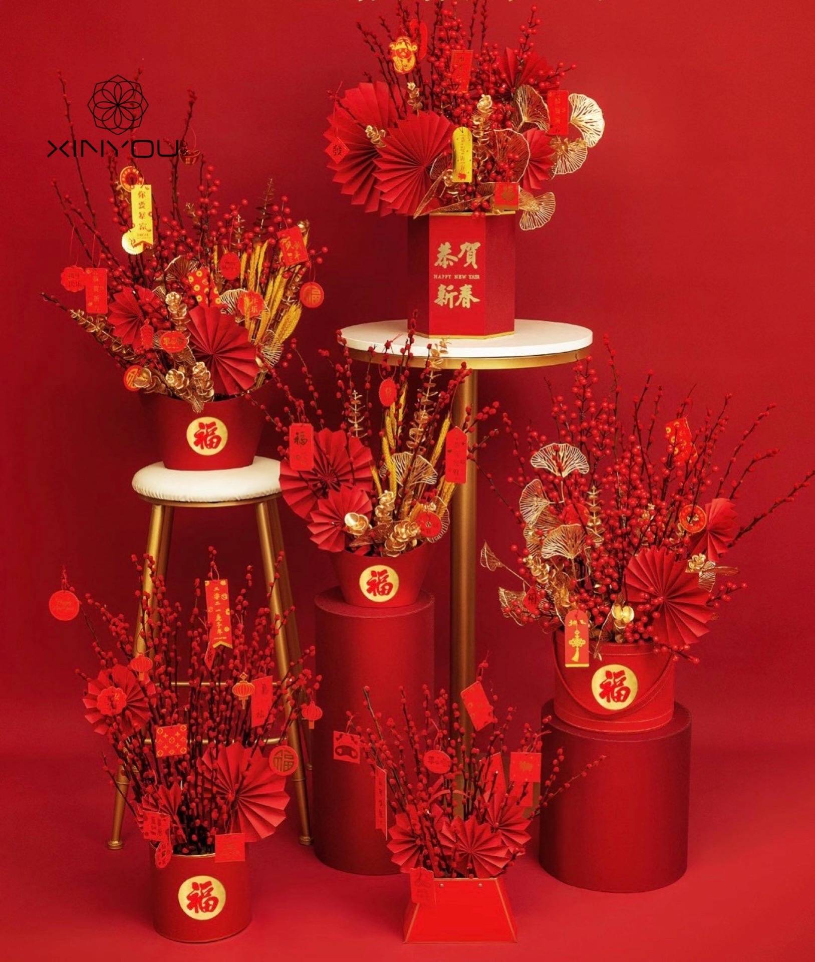 2023新年款六六顺新春福桶年宵花过年商场家居装饰红色喜庆礼盒