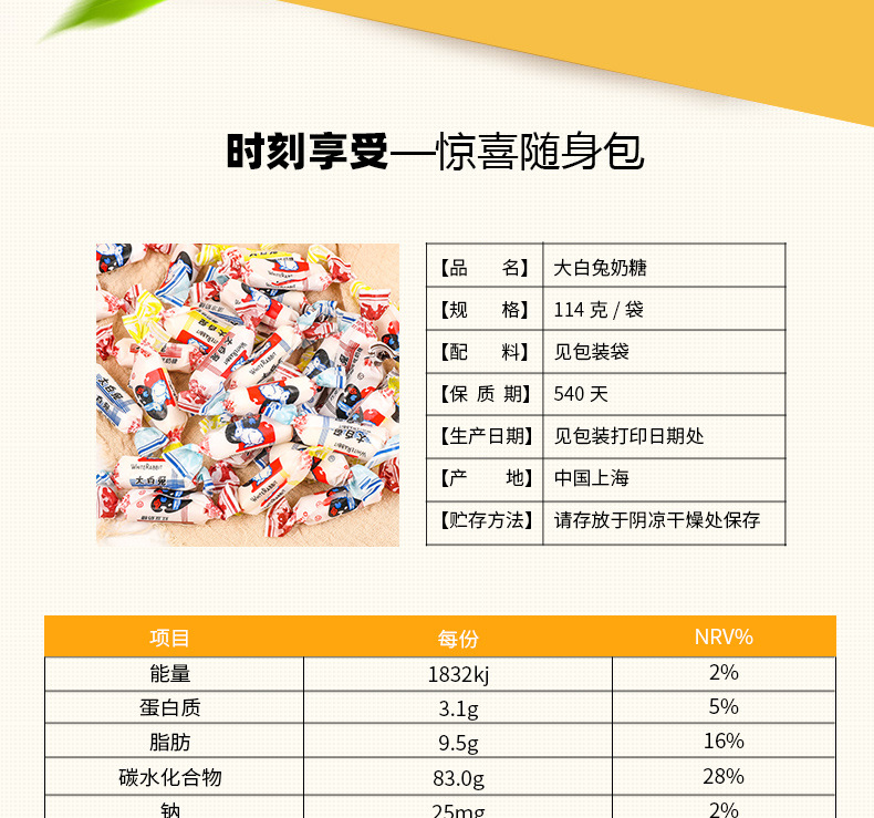 上海冠生园大白兔奶糖114g袋装巧克力味清凉薄荷多口味80怀旧糖果