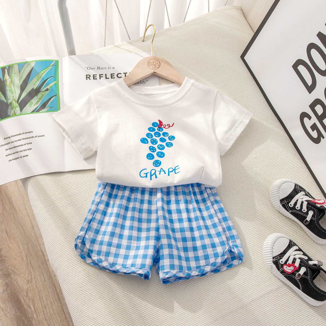 2023 New Korean Style Fruit Plaid Two-Piece Children's Suit Summer Boys and Girls Baby Short Sleeve Shorts Baby Clothes