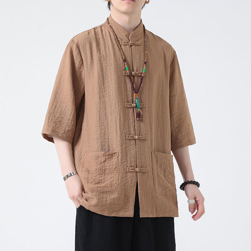 改良唐装衬衫男七分袖宽松中式男装打底衬衣带兜小褂中医禅茶国潮
