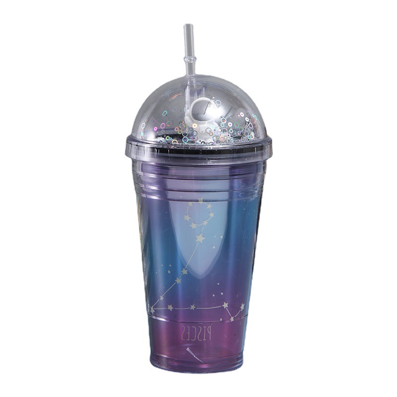 Net Red Starry Sky Double-Layer Plastic Cup Creative Spaceman Refrigeration Cup with Straw Student Cute Summer Ice Glass Customization