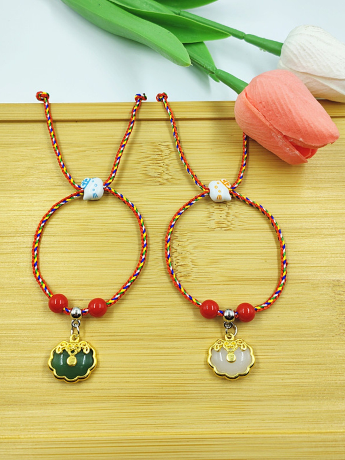 Ethnic Style Jingang Rope Colorful Wire Jade Pendant Bracelet Dragon Boat Festival Men and Women Couple Colorful Braided Rope Safety Lock Jade Hare Carrying Strap