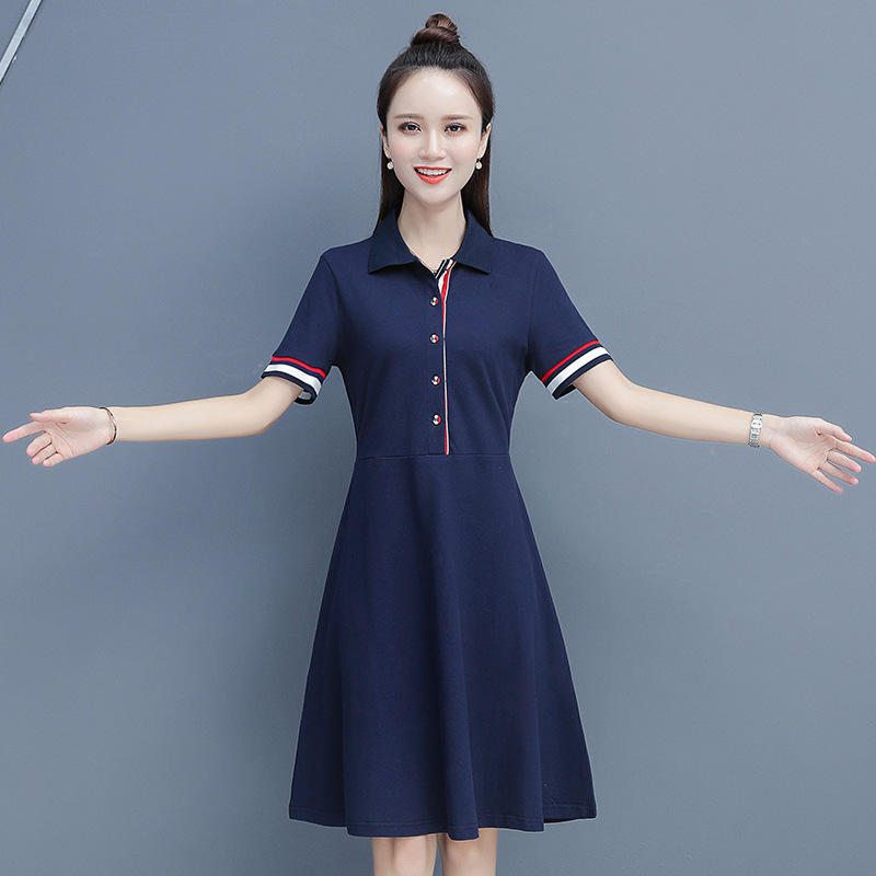 夏幼儿园老师工作服翻领短袖女教师服装幼师ol面试纯色中长连衣裙