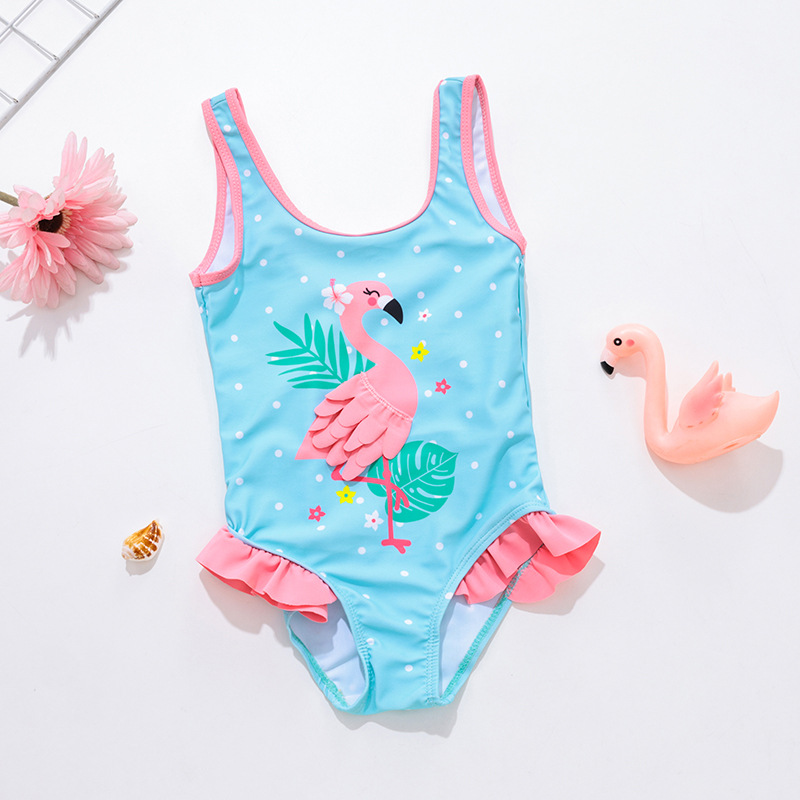 跨境儿童泳衣连体背心式三角泳装幼童女孩火烈鸟立体个性出口专供