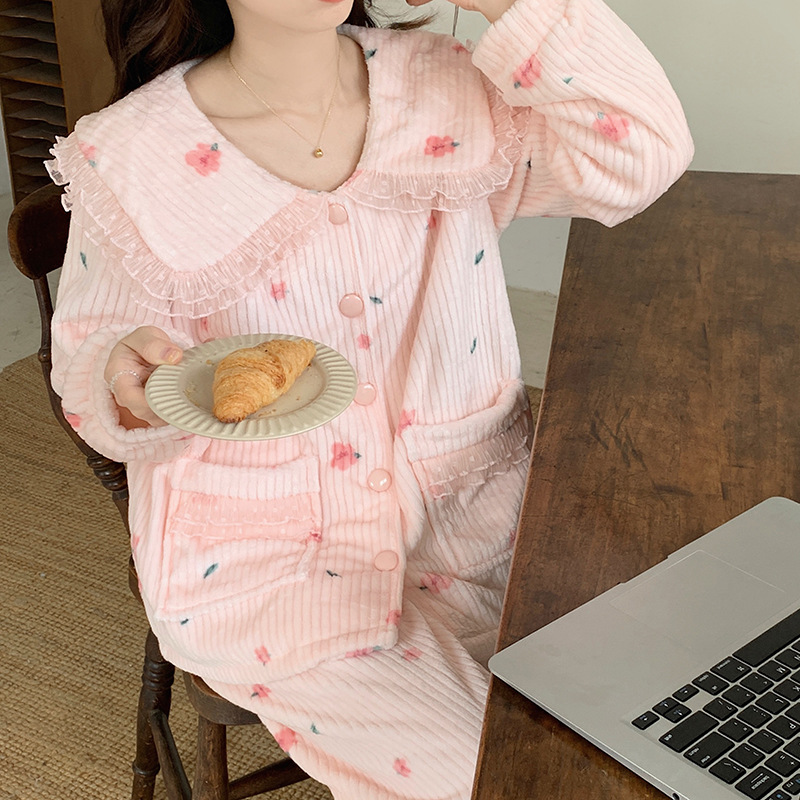 睡衣女秋冬季珊瑚绒加厚加绒冬天女士公主风印花法兰绒家居服套装