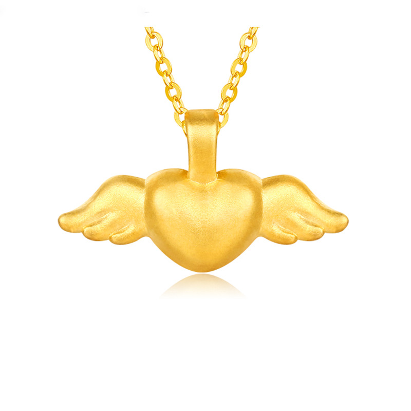 3d硬金吊坠999足金爱心黄金天使翅膀 项链简约送女朋友一件代发