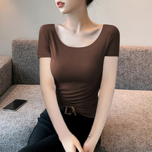 莫代尔领短袖恤女新款韩版修身正肩打底面膜体恤低领上衣服