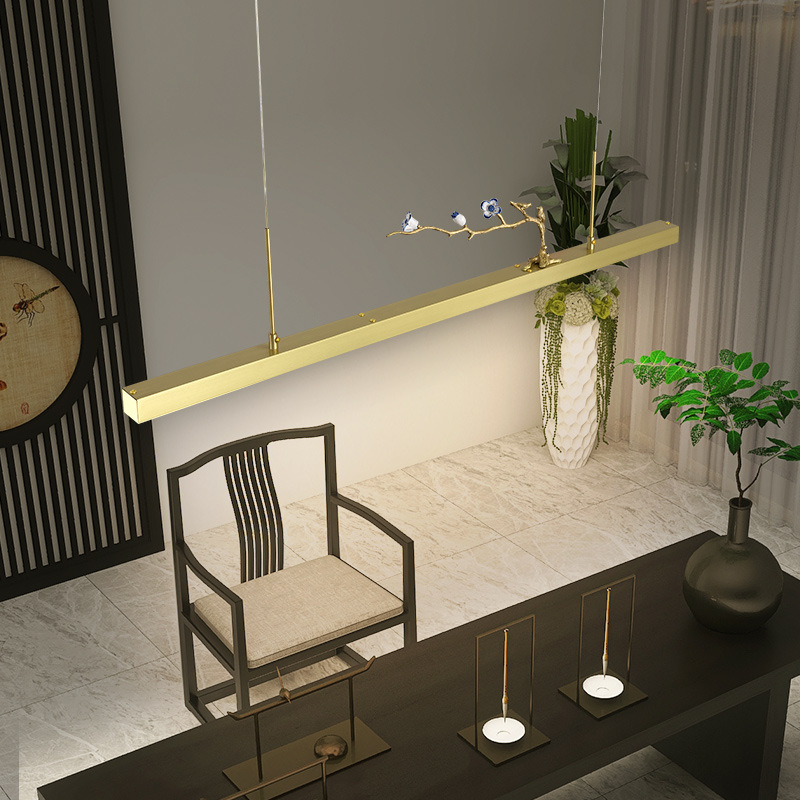 新中式餐厅吊灯茶室长条灯简约中式全铜吧台餐吊茶桌办公室灯具