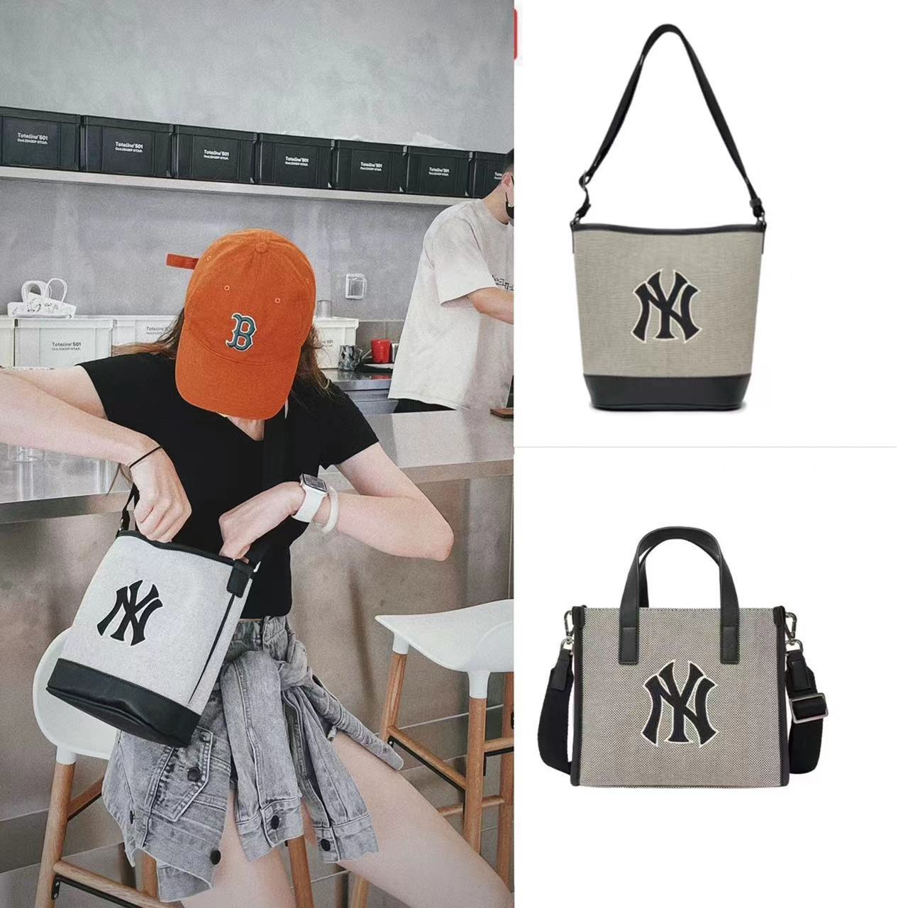 韩国mlb男女同款ny刺绣复古老花通勤包大容量单肩斜挎帆布水桶包