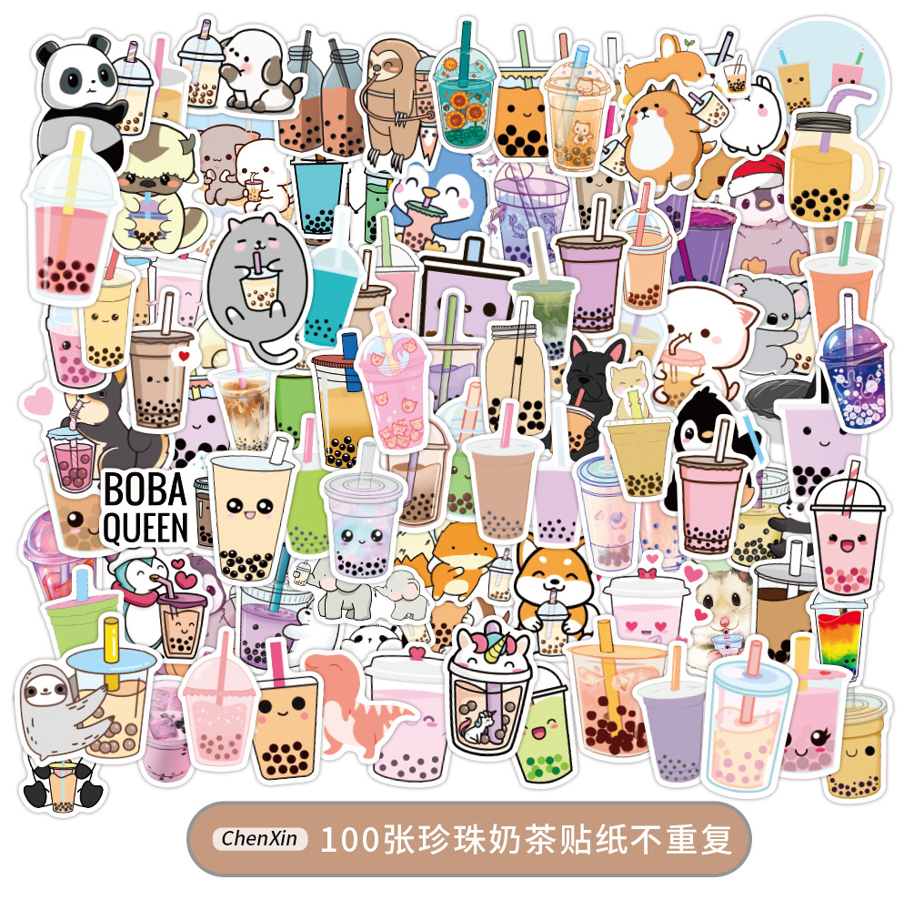 100张新款珍珠奶茶可爱动物贴纸个性装饰滑板行李箱防水涂鸦贴纸