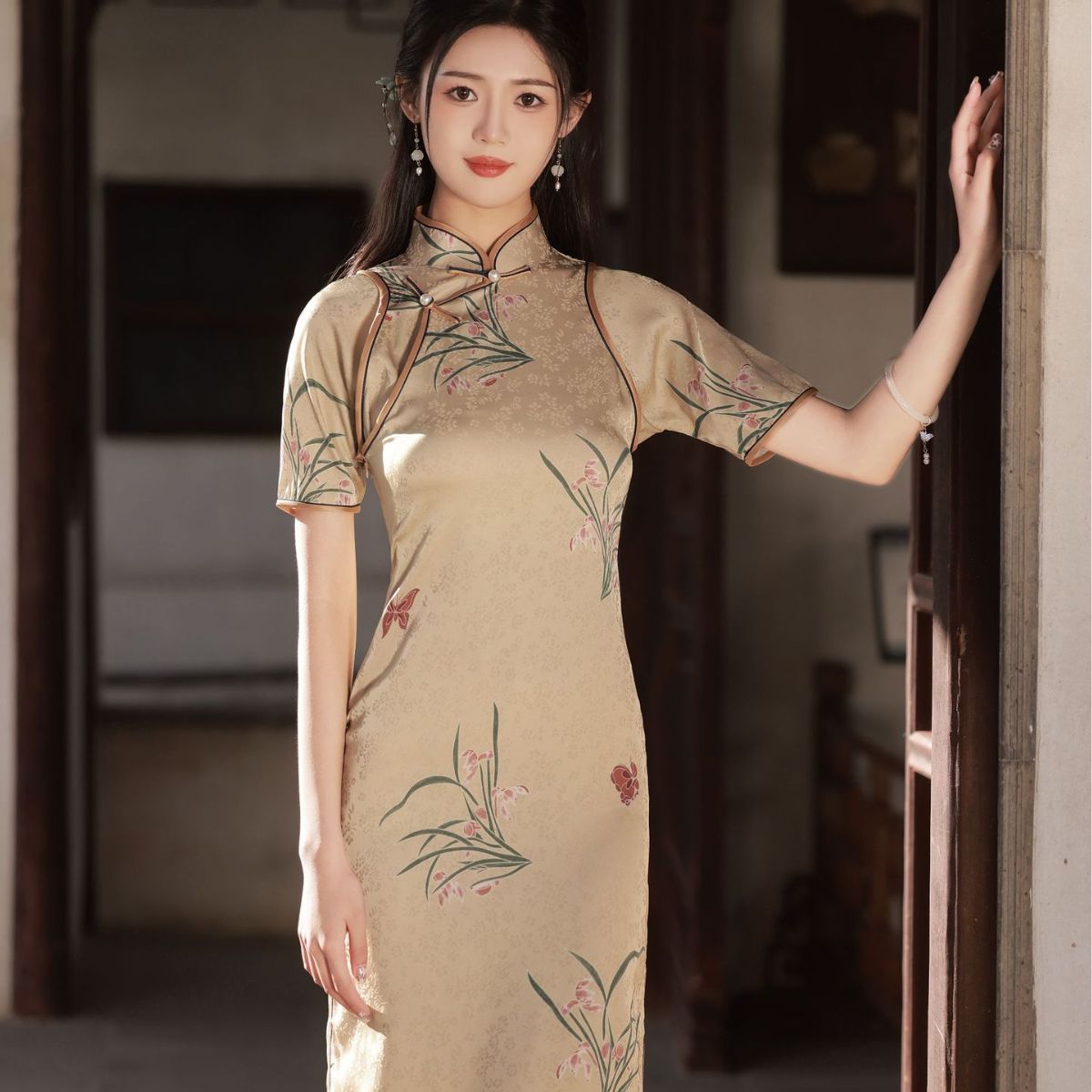 复古禅意风单层开襟旗袍 中长款开叉显瘦修印花身复古连衣裙-阿里巴巴